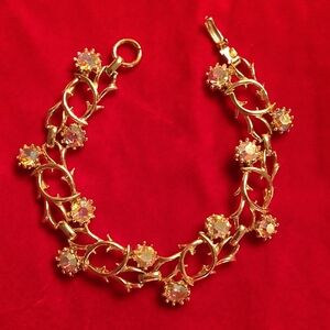 Elegant Goldtone Aurora Borealis Rhinestone Floral Bracelet